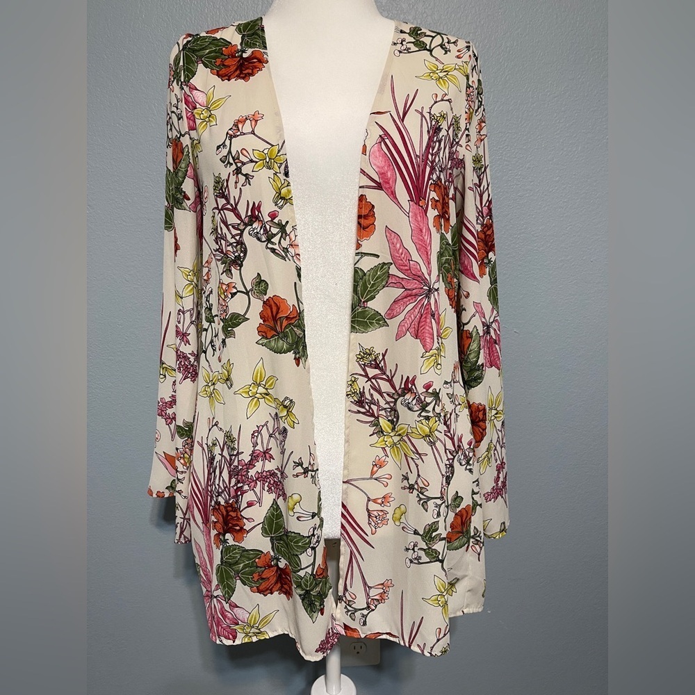 Fantastic Fawn Floral Duster Kimono Cardigan Boho Open Front Top Coastal Medium